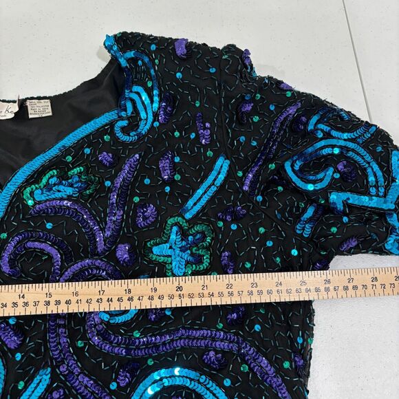VTG Lawrence Kazar Sequin Top 3X Silk Blue Green Peacock Beads 80s Disco Evening - Picture 11 of 16